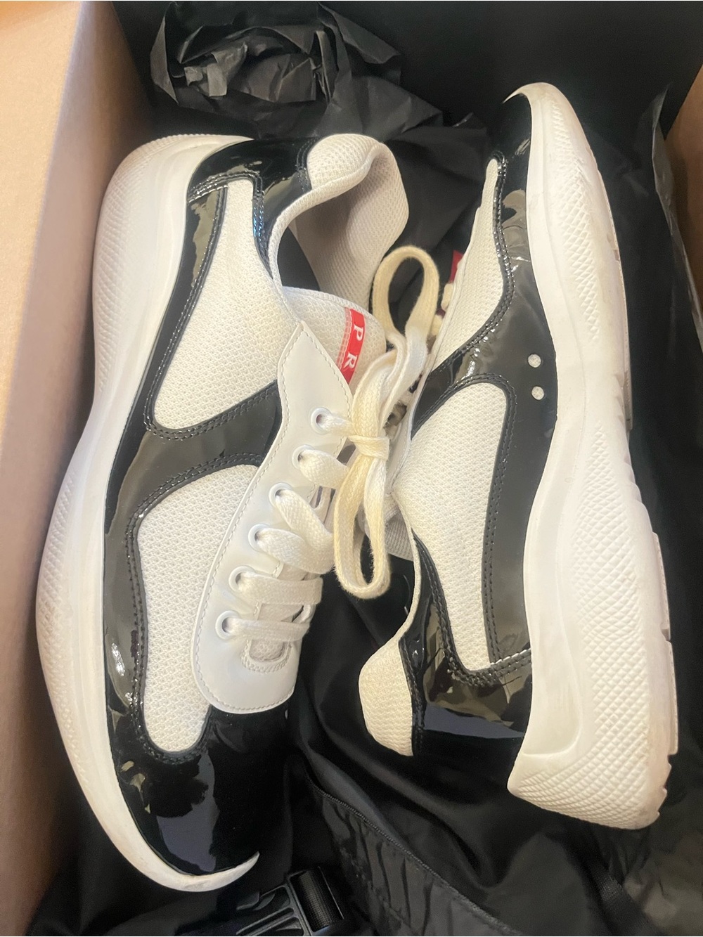 Prada White and Black Patent Lace-Up Sneakers size 9 US 7 UK